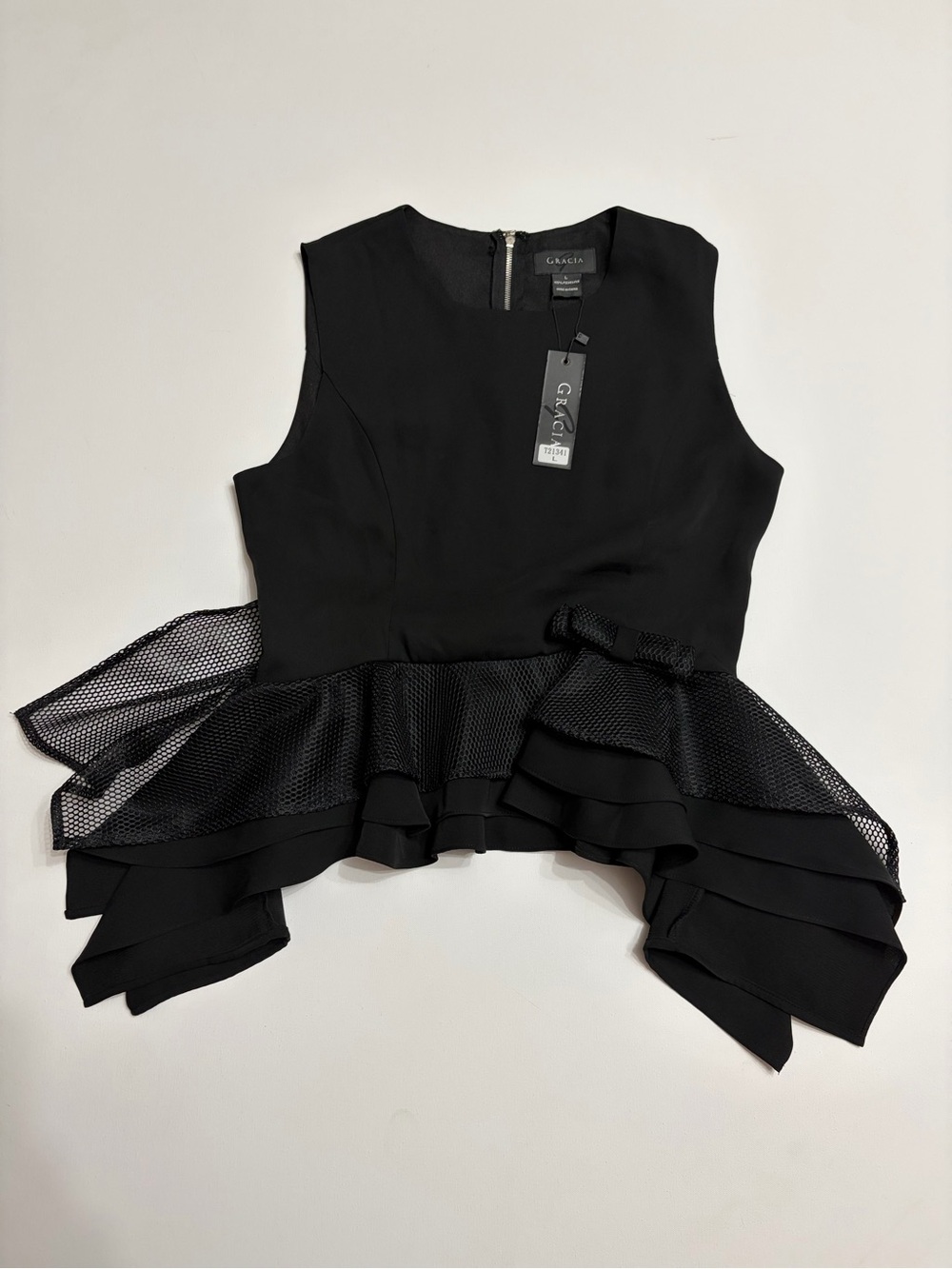 Gracia women’s Black Peplum Mesh Ruffle Sleeveless Top NWT Sz L feminine office